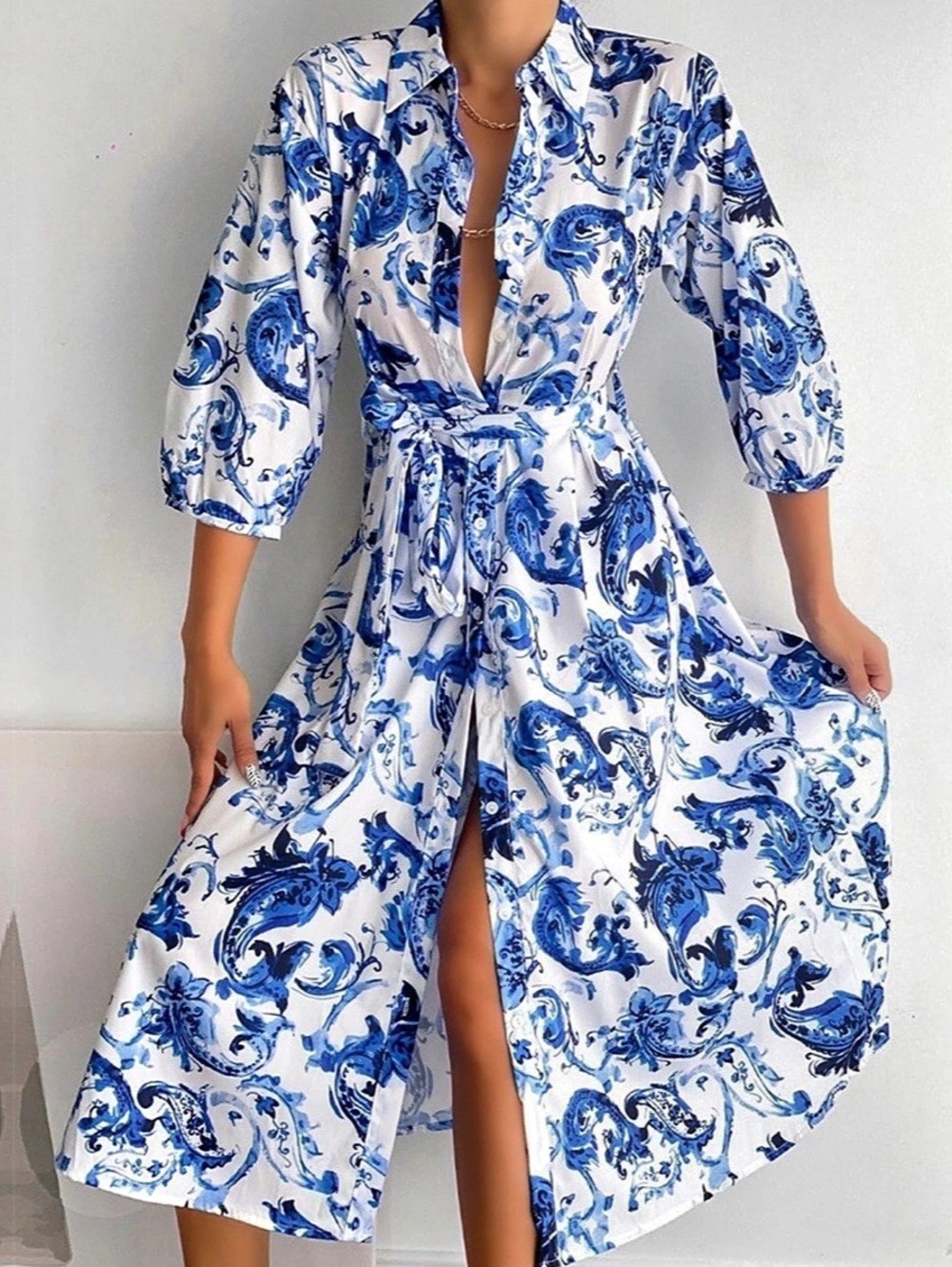 Zara Paisley poplin Cotton Midi shirt Dress in Blue & White Like New L